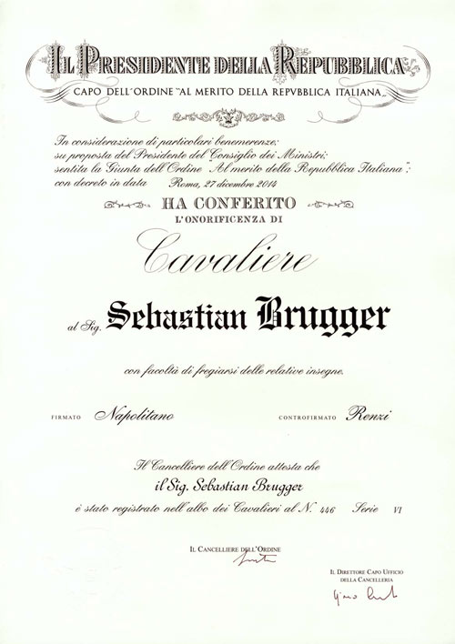 S. Brugger erhält Verdienstorden der Italienischen Republik